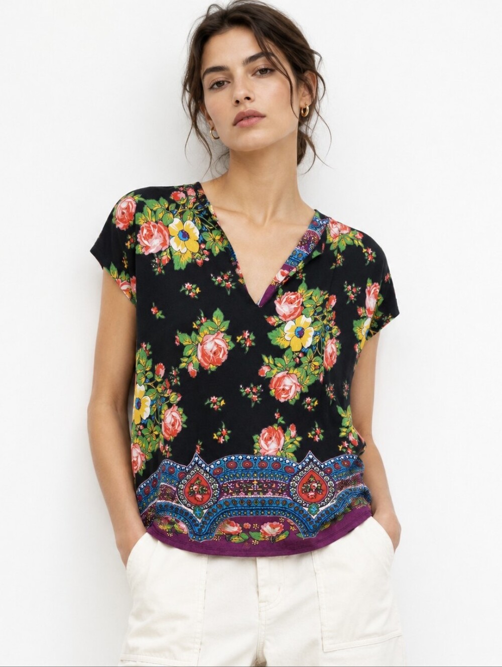 Johnny Was Floral Boho Tunic Top Roses Paisley Print NWT Size M